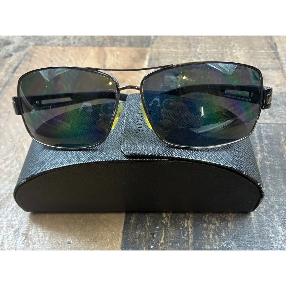Prada Sunglasses SPR 54I Mens 64-12 Gunmetal Black Polarized Aviator Good
